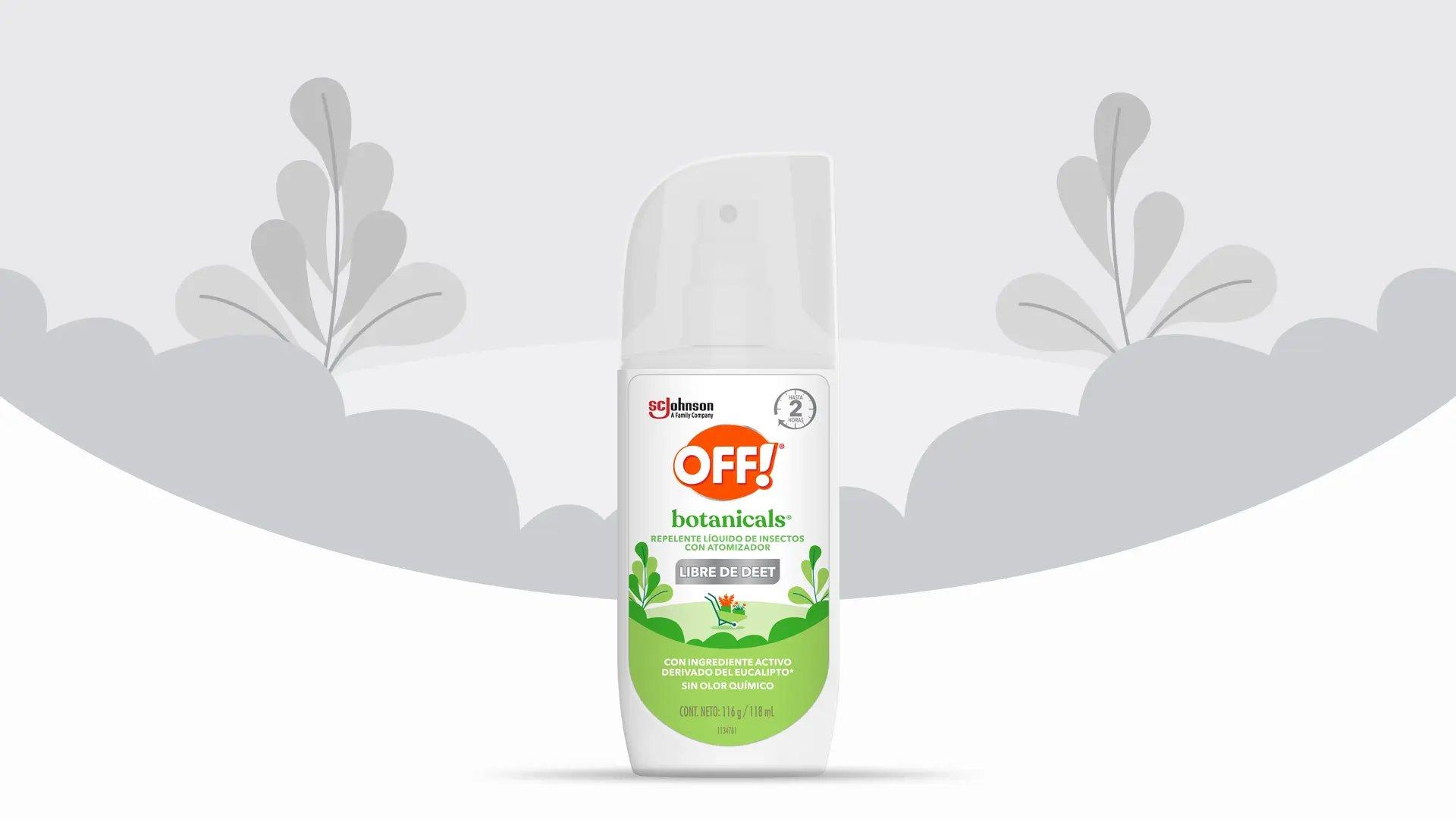 Frente de un envase de OFF! ® Botanicals Líquido con Atomizador