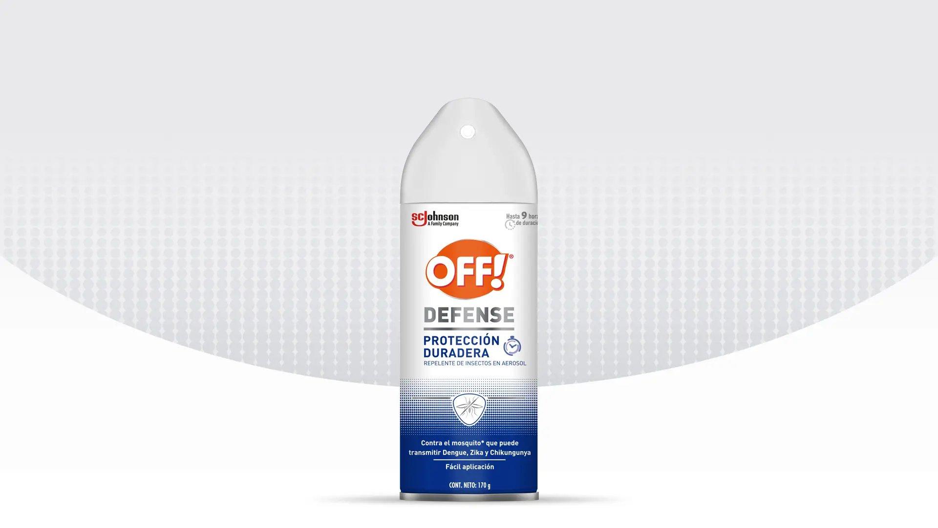 Frente de un envase de metal de OFF!® Defense Protección Aerosol